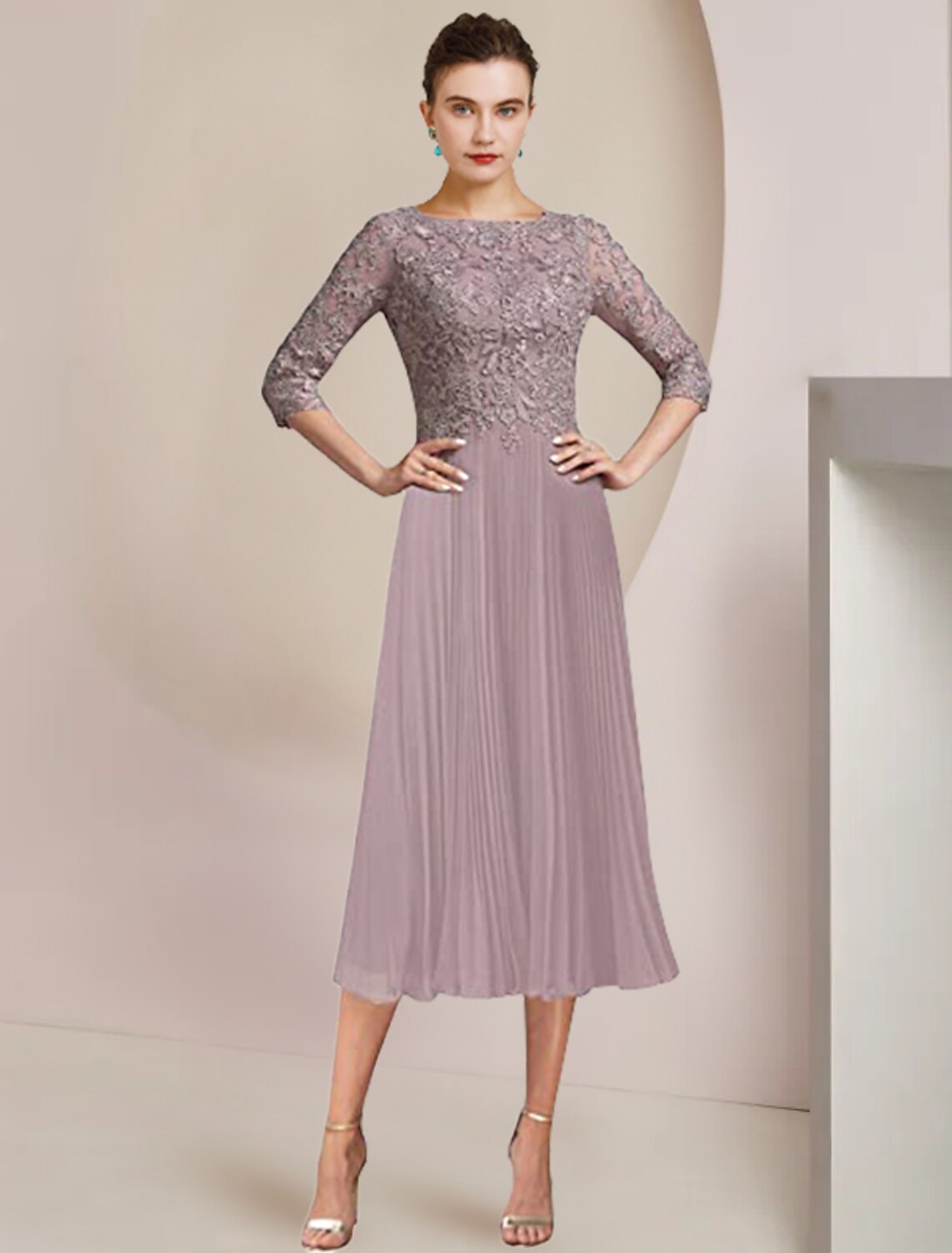 Wholesale  Two Piece A-Line Mother of the Bride Dress Formal Wedding Guest Elegant Scoop Neck Tea Length Lace 3/4 Length Sleeve Wrap Included with Pleats Appliques